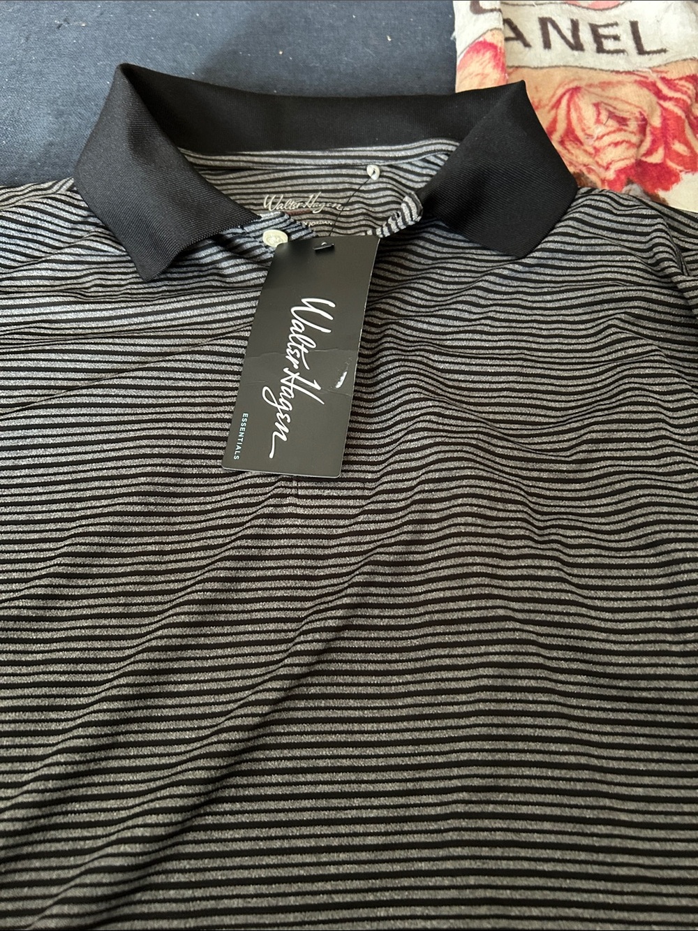 Walter Hagen Black and Gray Thin-Striped Polo